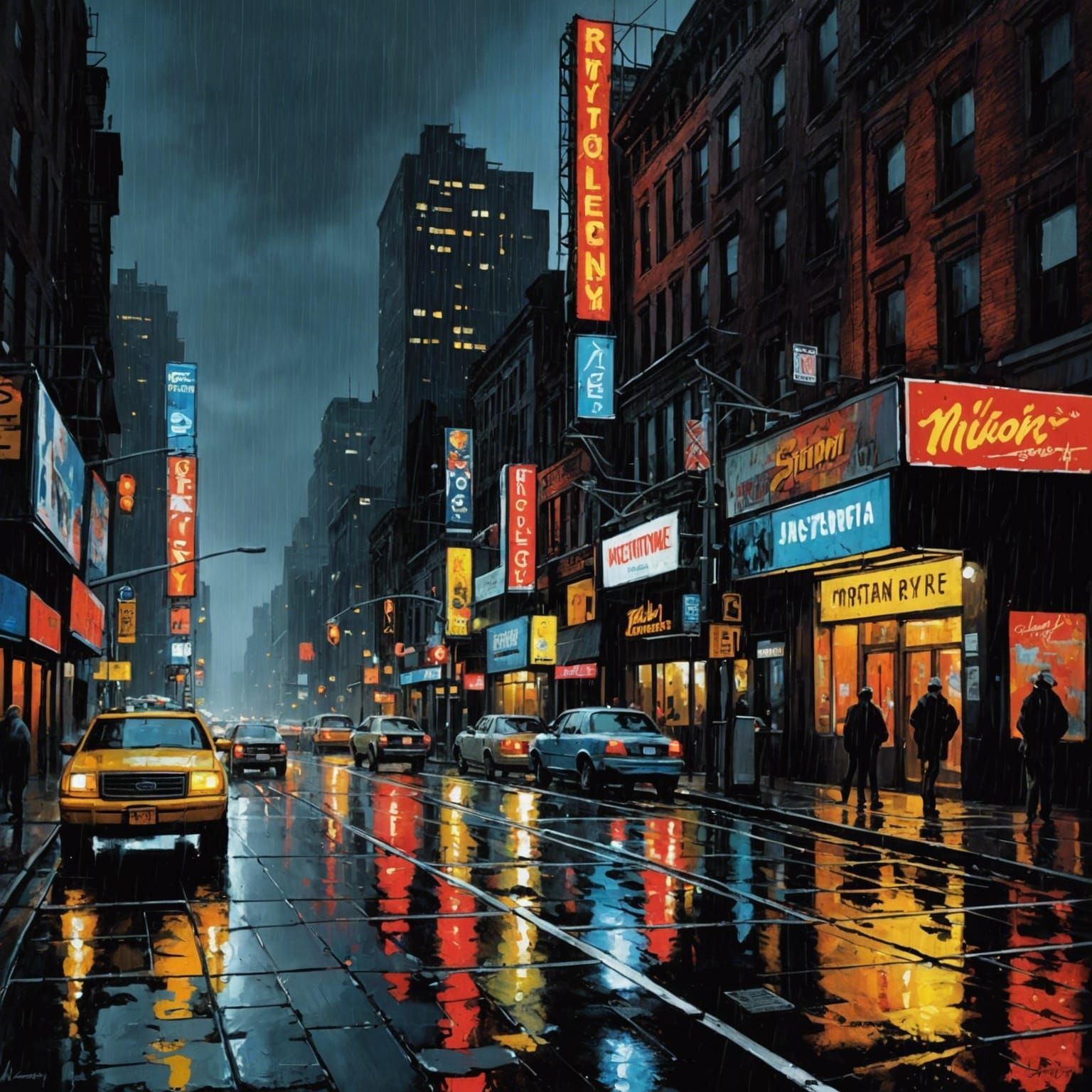 NYC Neon Rainstorm as Oil Painting