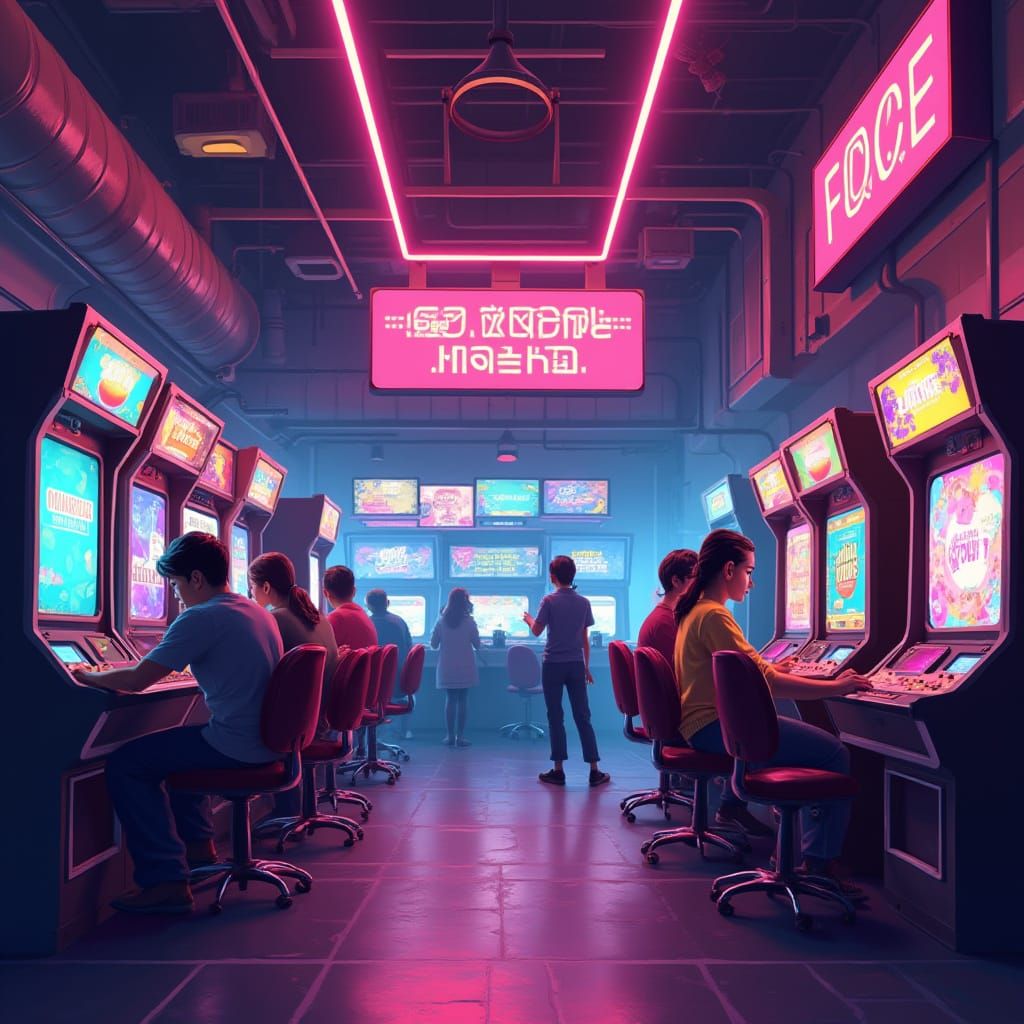 Retro Arcade Scene with Neon Lights and Futuristic Atmospher...