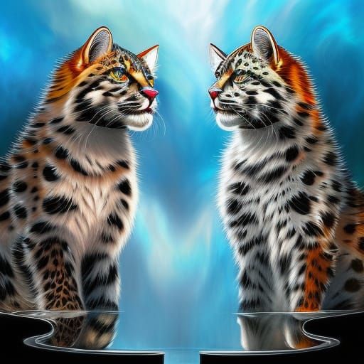 Snow Leopard Kitten Gazing into Mirrored Pond