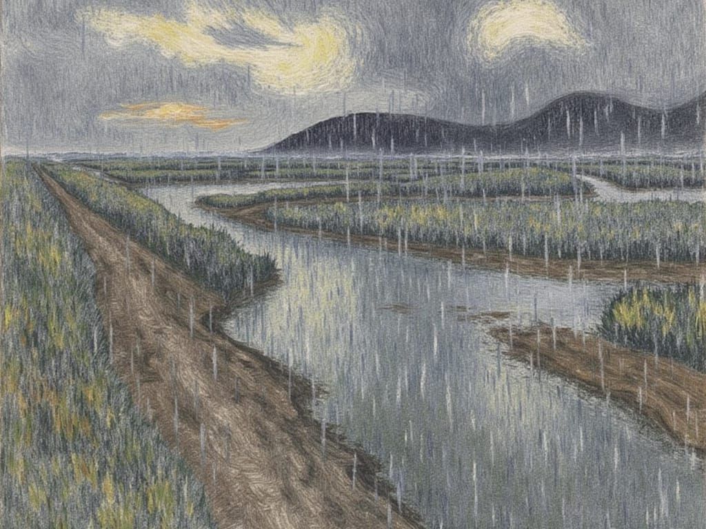 Rising Foothills Emerge from Rainy Veil in Soft Impressionis...