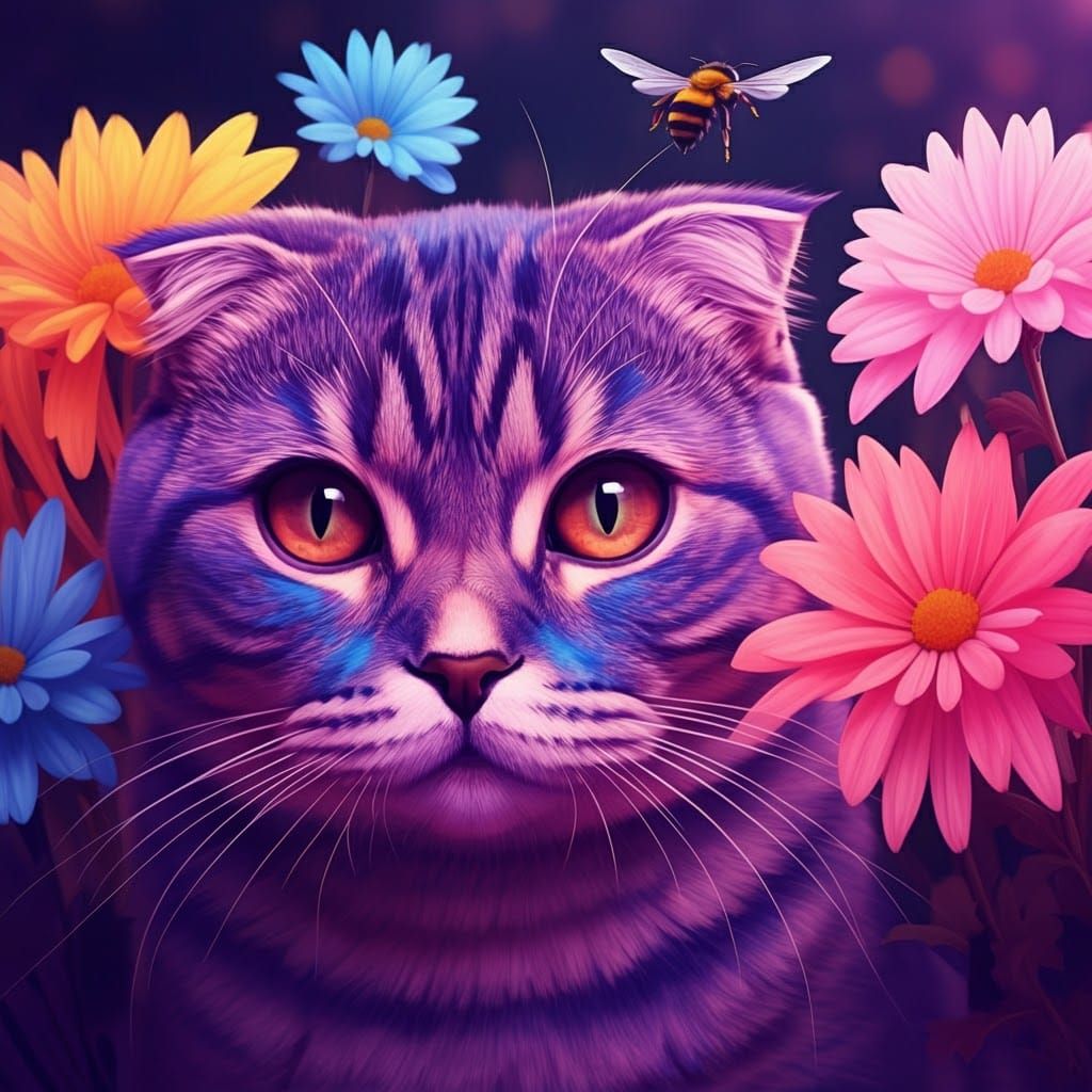 Scottish Fold Surrounded by Fuchsia Chrysanthemums