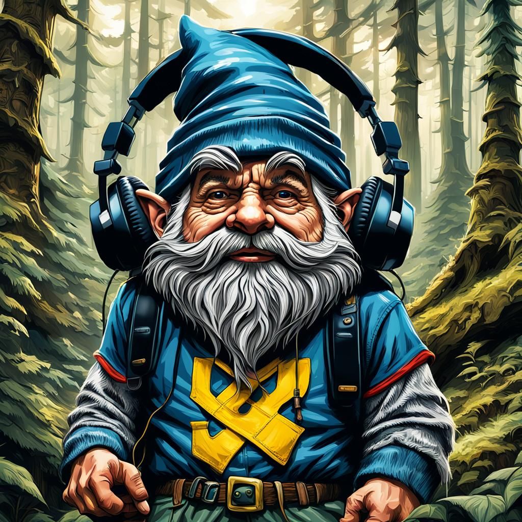 Gnome Listening to Music in Forest