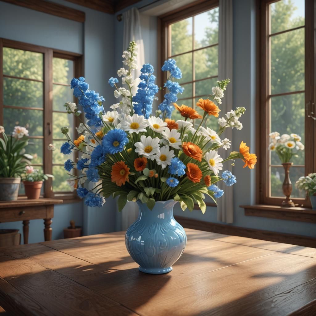 Floral Bouquet in Blue Vase: 3D Game Cinematic
