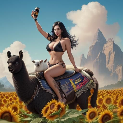 Woman on Llama with Sunflowers, Fantasy Concept Art