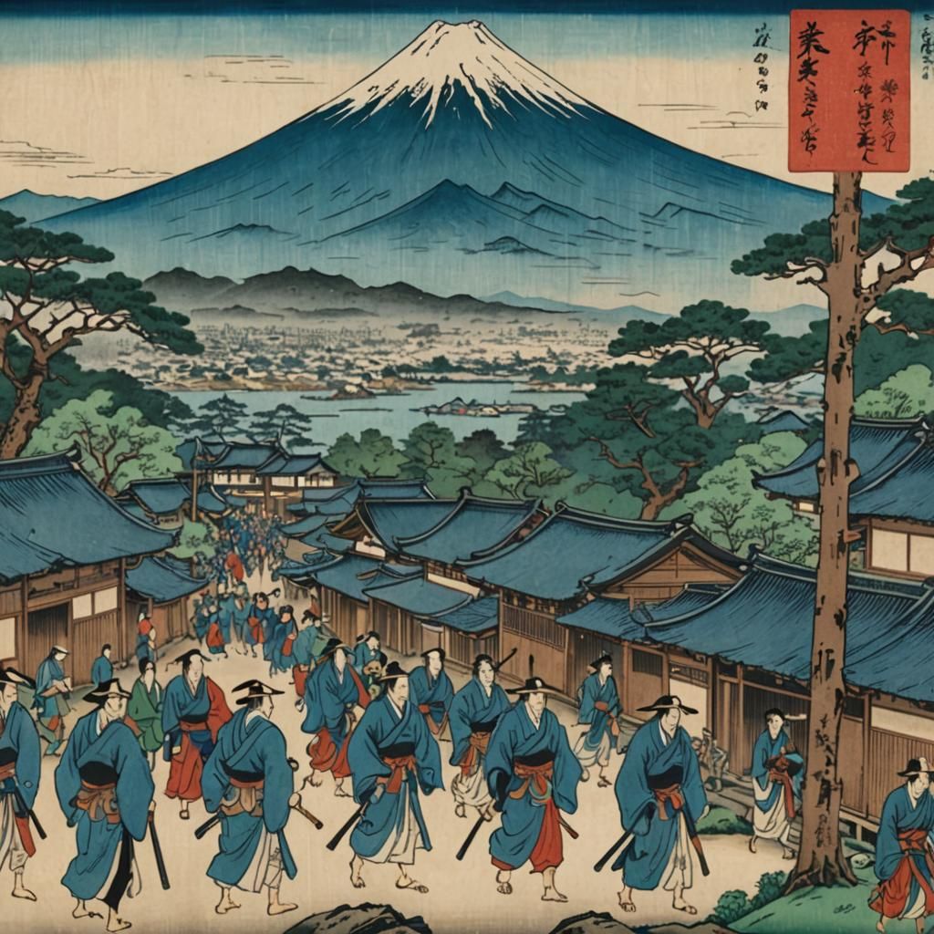 Ukiyo-e Print of Procession with Mt. Fuji