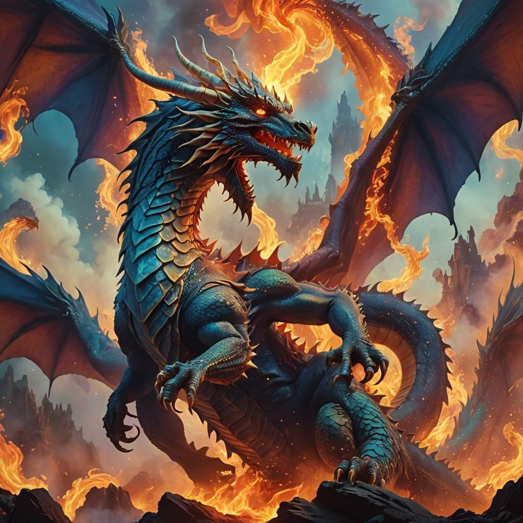 Psychedelic Dragon in Fire and Mist