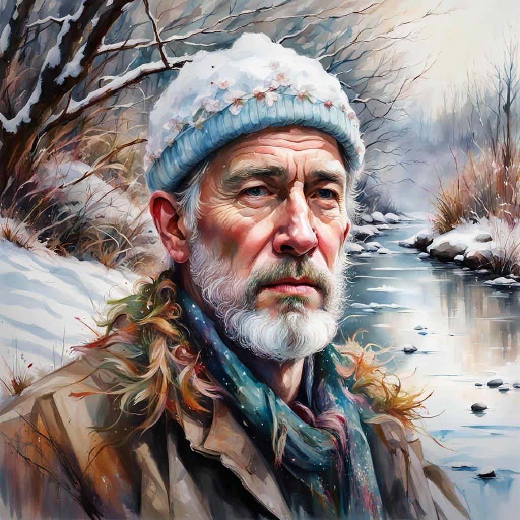 Snowy Candy Man Portrait in Watercolor Style