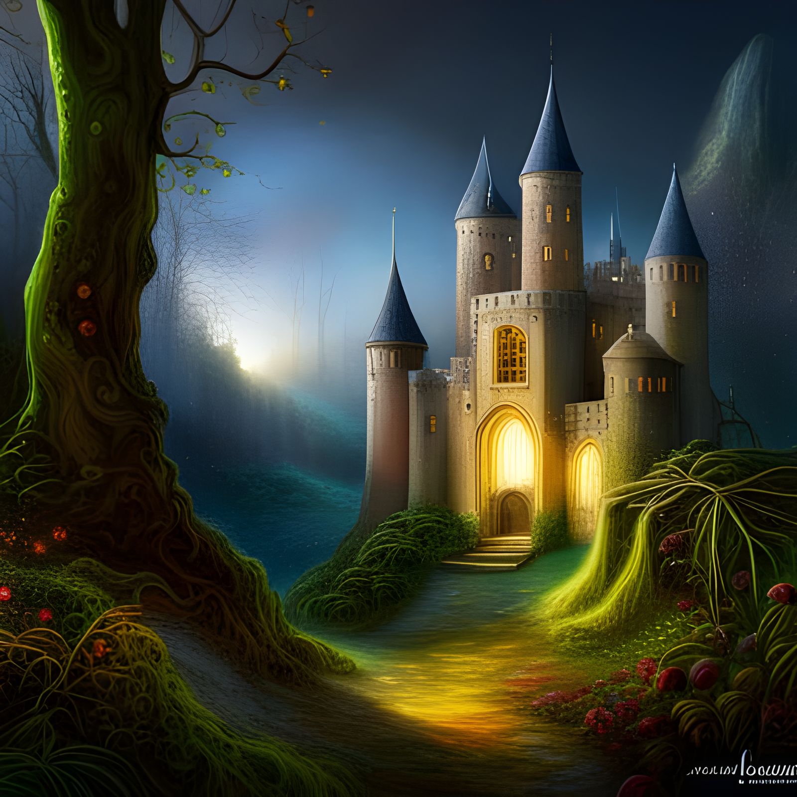 Irish Castle Fairytale Illustration in Forest