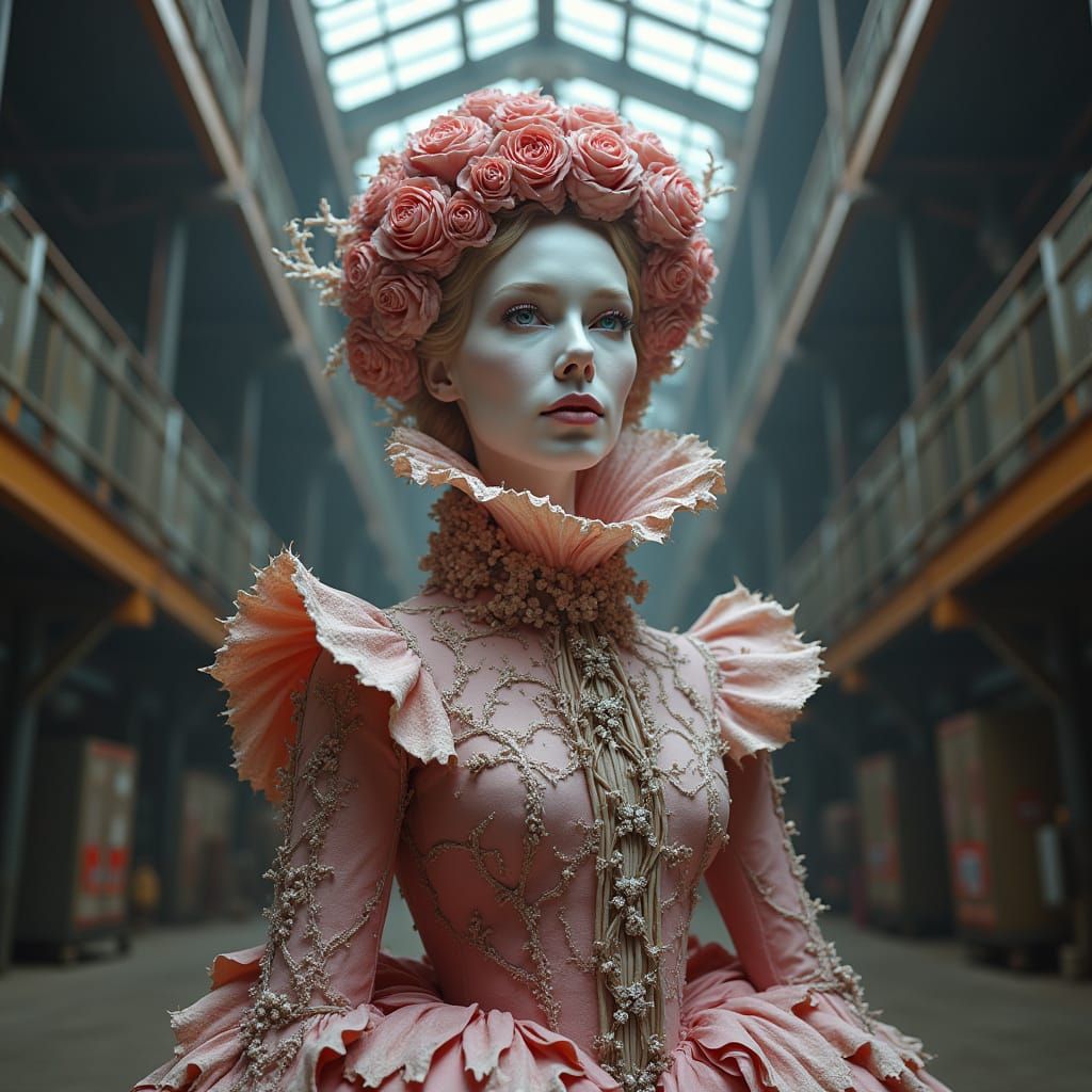 Rose-Wrought Entity in Industrial Cooler, Blending Surreal F...