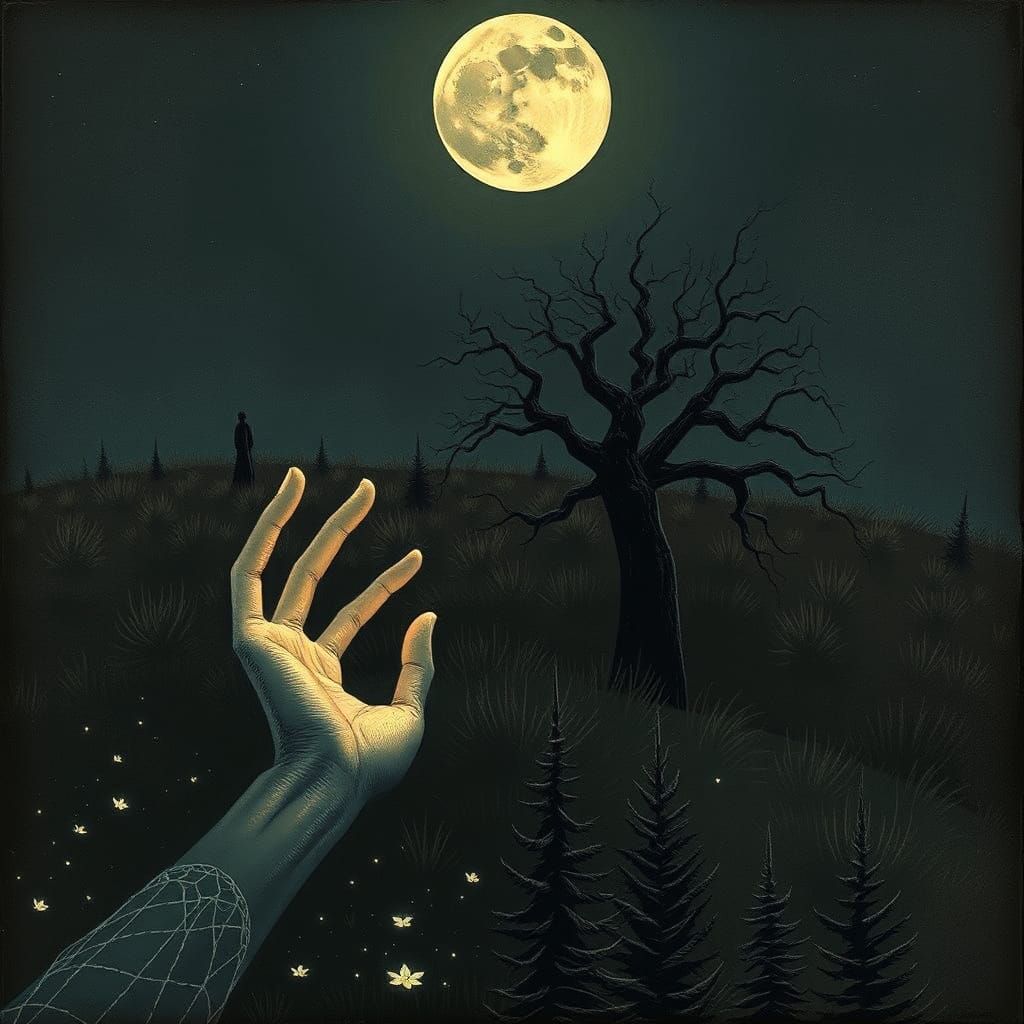 Ethereal Ritual: Bony Hands in Moonlit Dreamscape