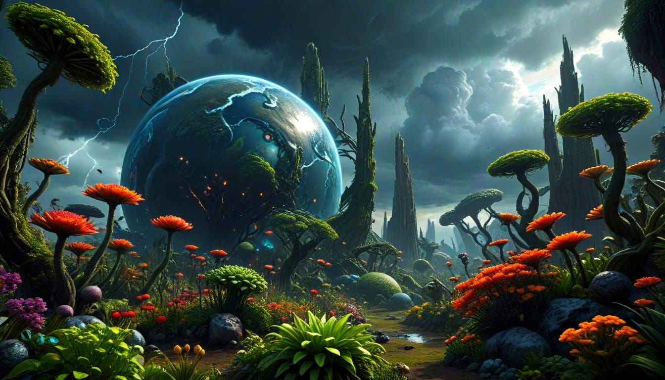 Vibrant Exoplanet Garden in Dramatic Stormy Sky