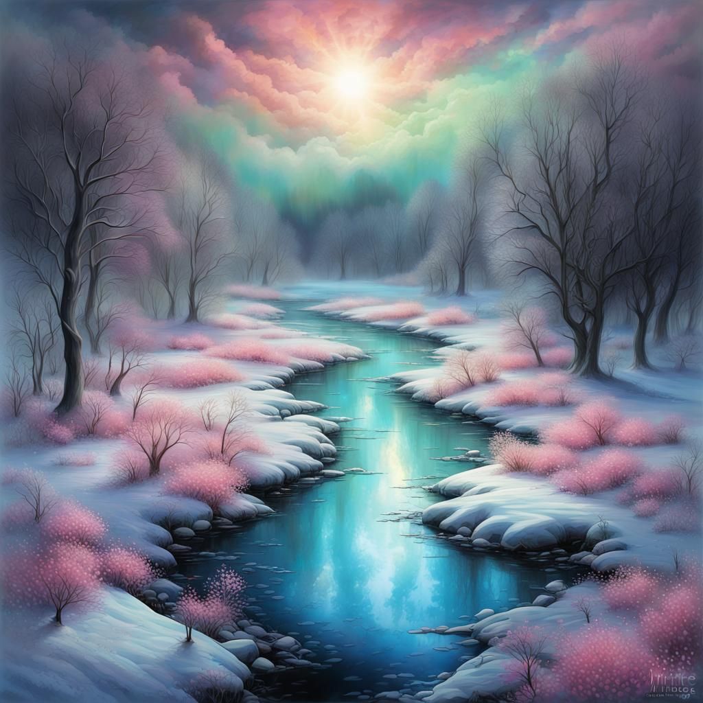 Glowing Blue River with Spring Flowers, Digital Art