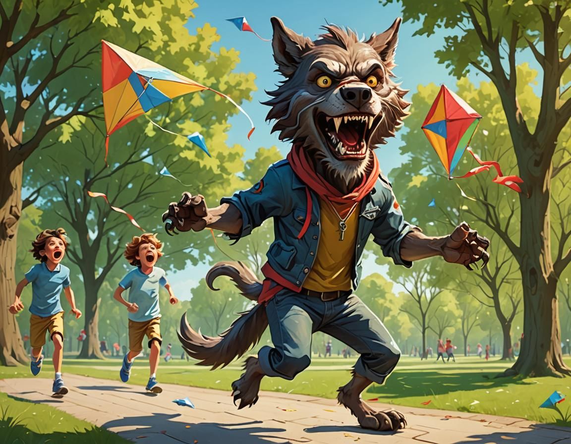 Werewolf Enjoys Kite Flying on Sunny Day