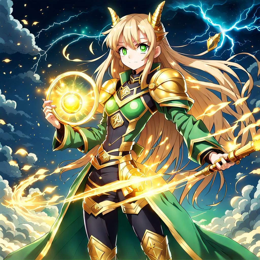 Anime Female Spellcaster with Golden Staff
