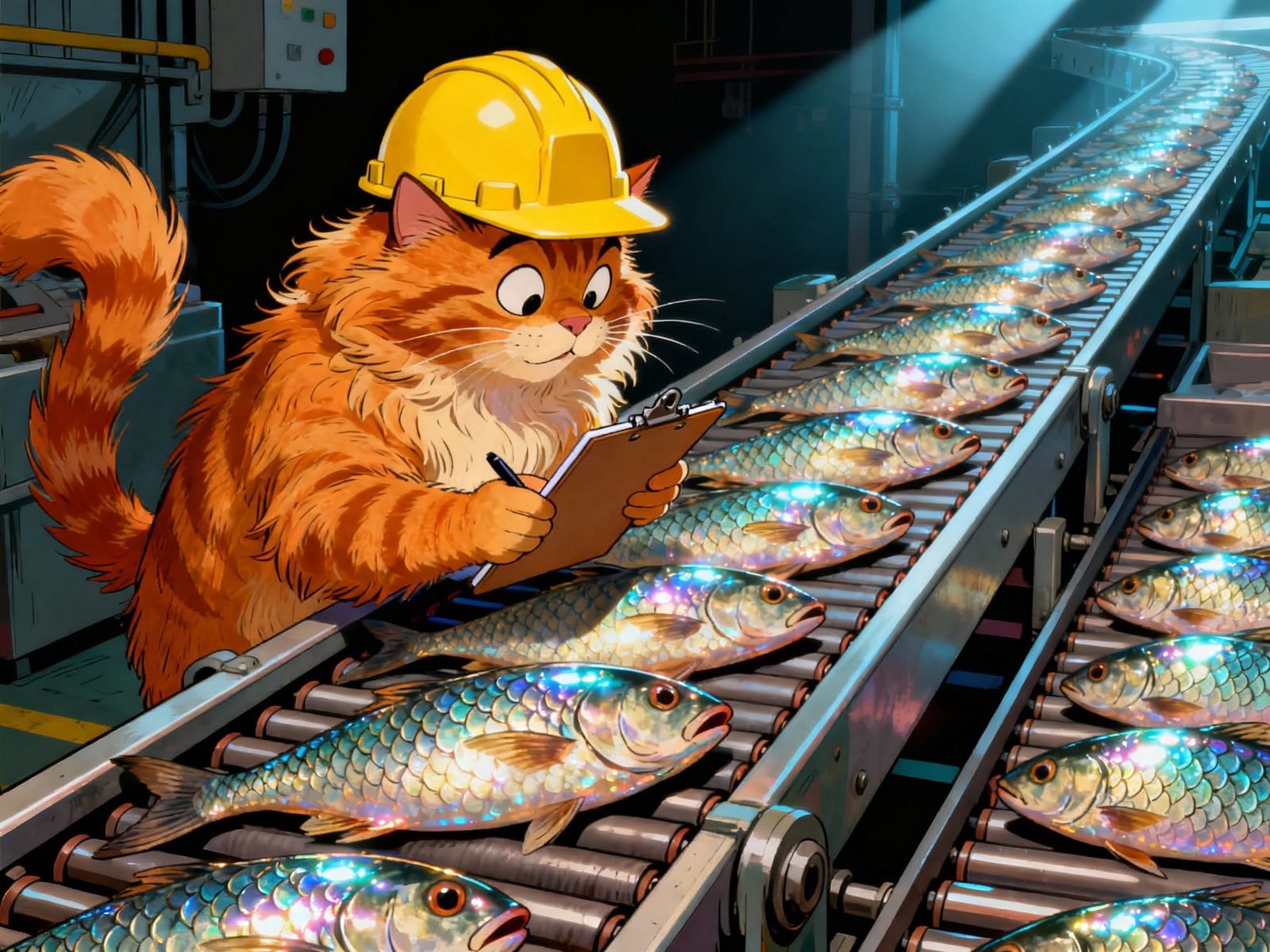 Cat Inspector in Hard Hat Examines Fish Conveyor Belt
