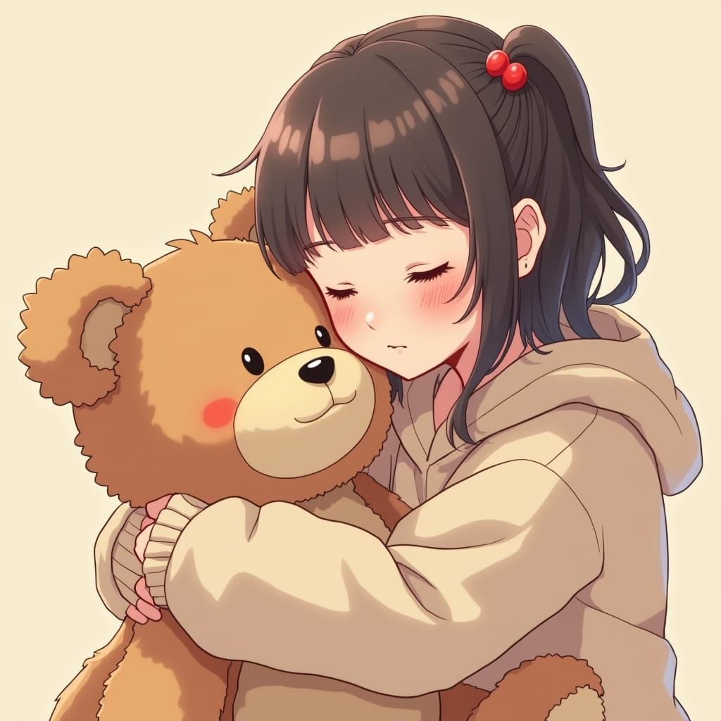 Adorable Girl with Teddy Bear in Manga Style