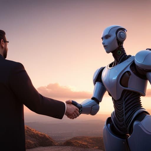 Robot Shakes Hand: Detailed Matte Painting