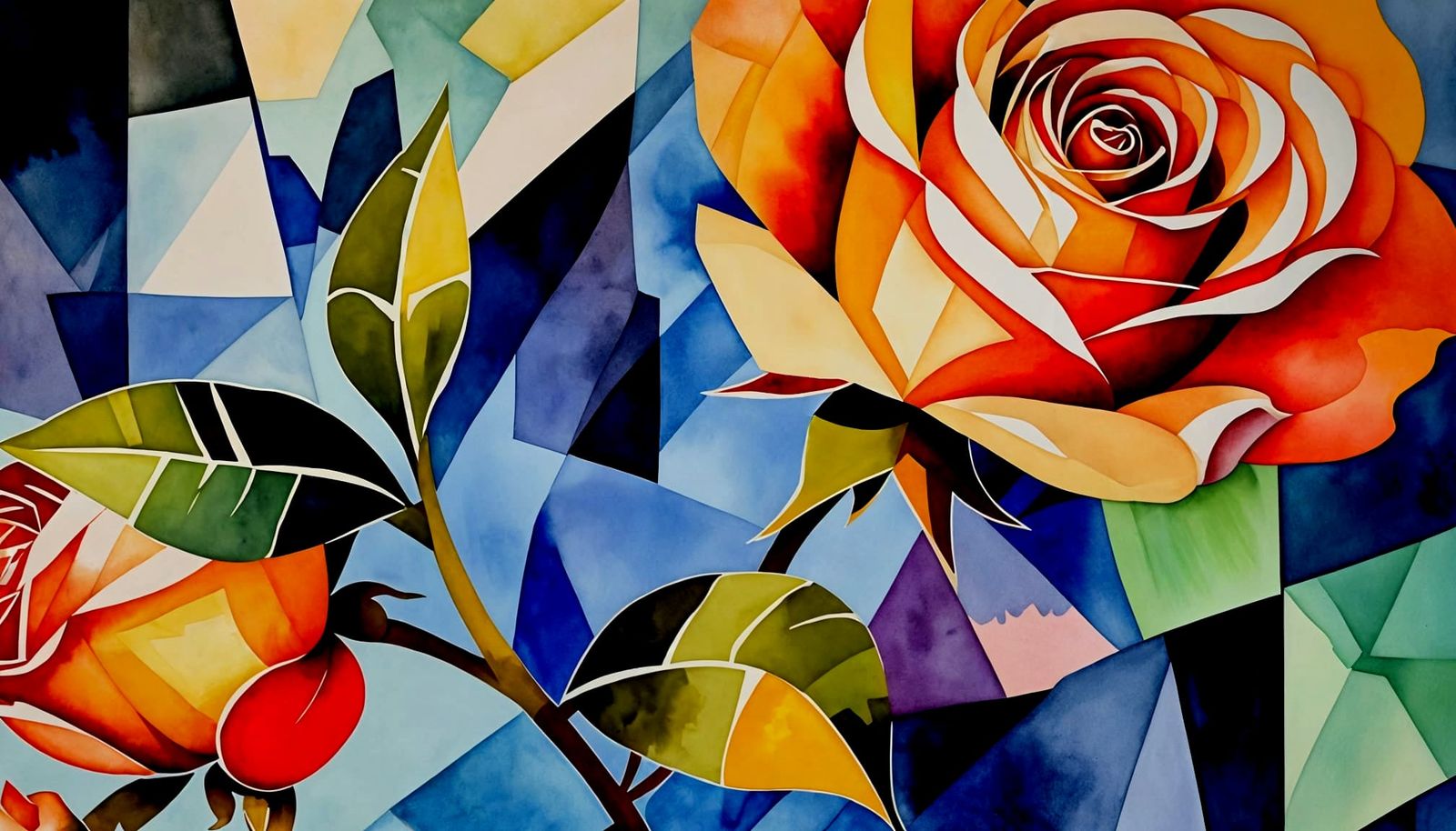 Cubist Watercolor Rose with Dynamic Lighting