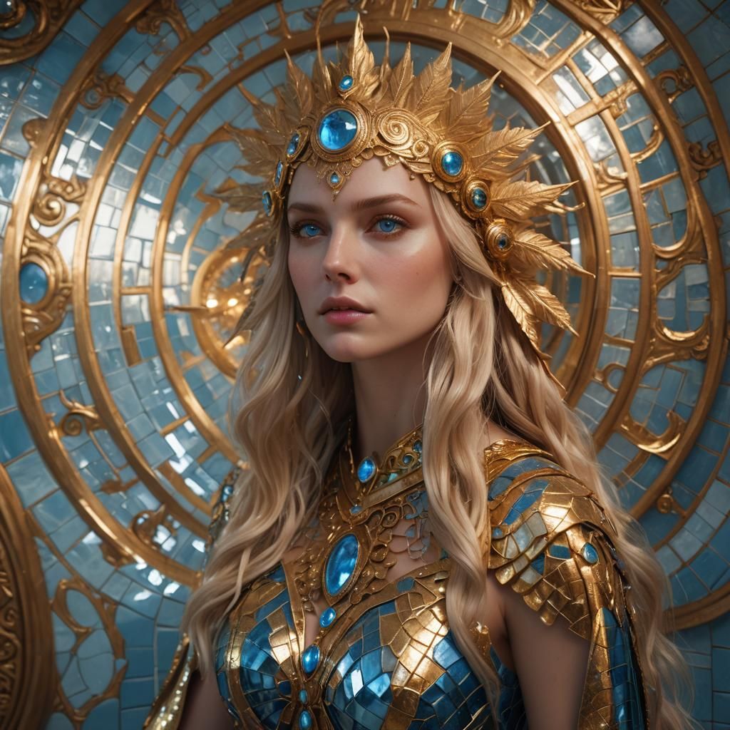 Woman with Golden Spirals in Bathroom Mirror