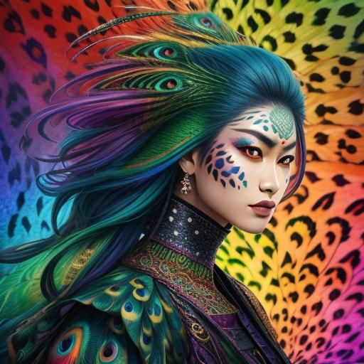 Asian Woman with Dragon Scales and Peacock Hair