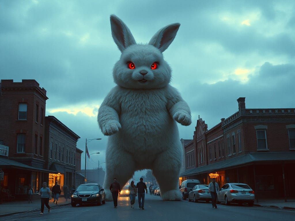 Giant Fluffy Rabbit Attacks Town in 50s Horror Style