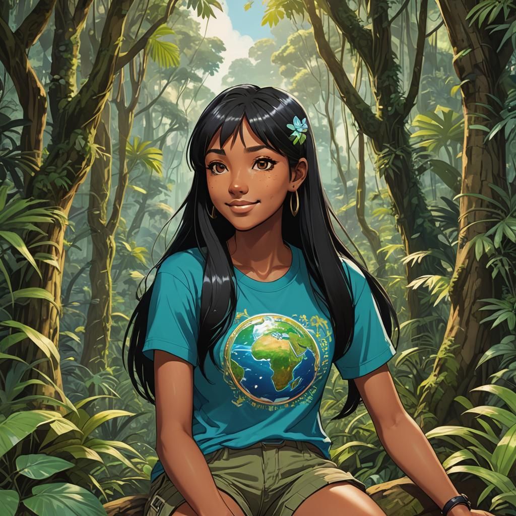 Anime Girl in Rainforest with Earth in Background