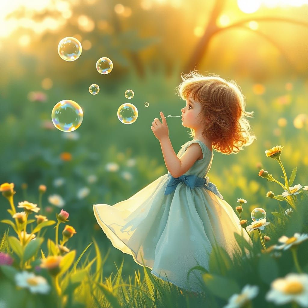 Little Girl Blows Whimsical Bubbles in Enchanted Forest
