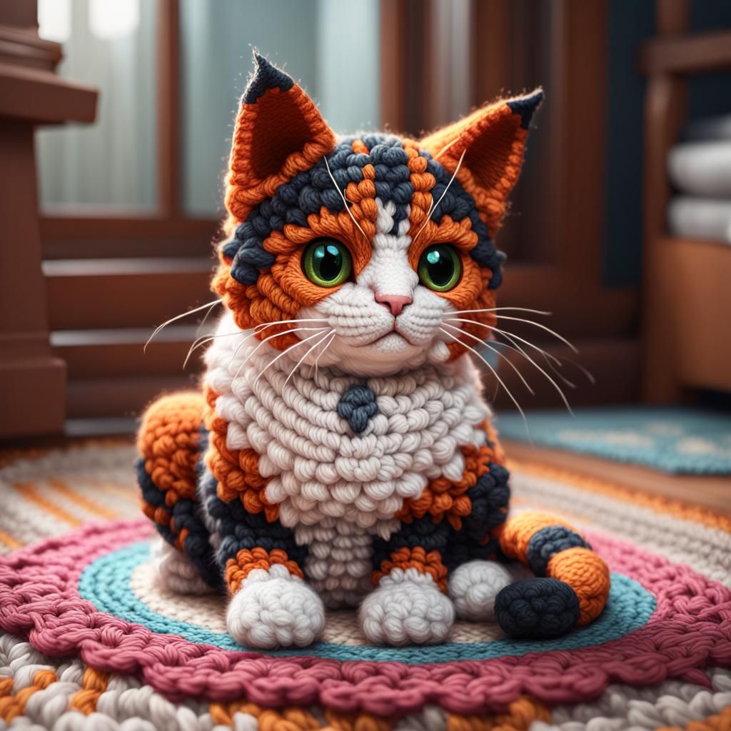Realistic Crochet Calico Cat in Crochet House
