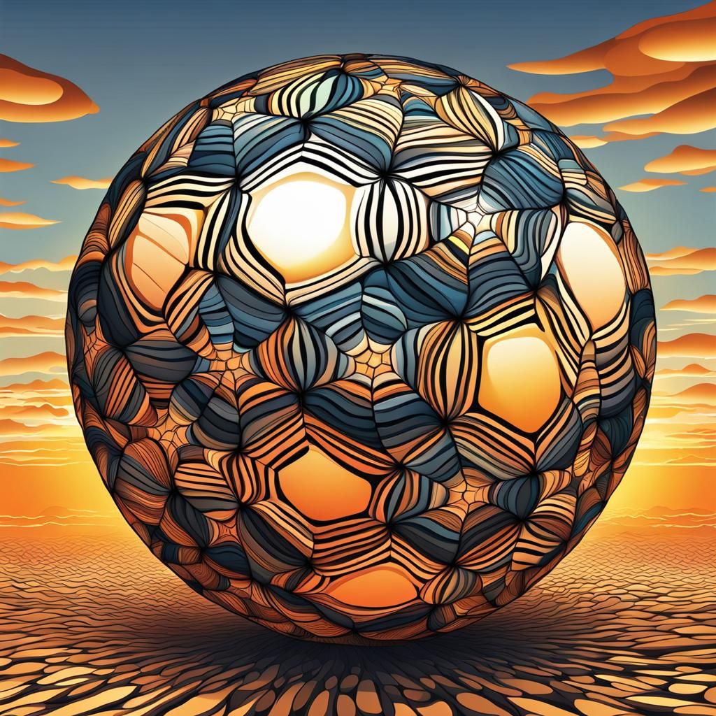Soccer Ball Sunset with Abstract Fractal Elements