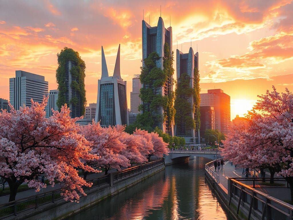 Surreal Solarpunk Cityscape at Magic Hour