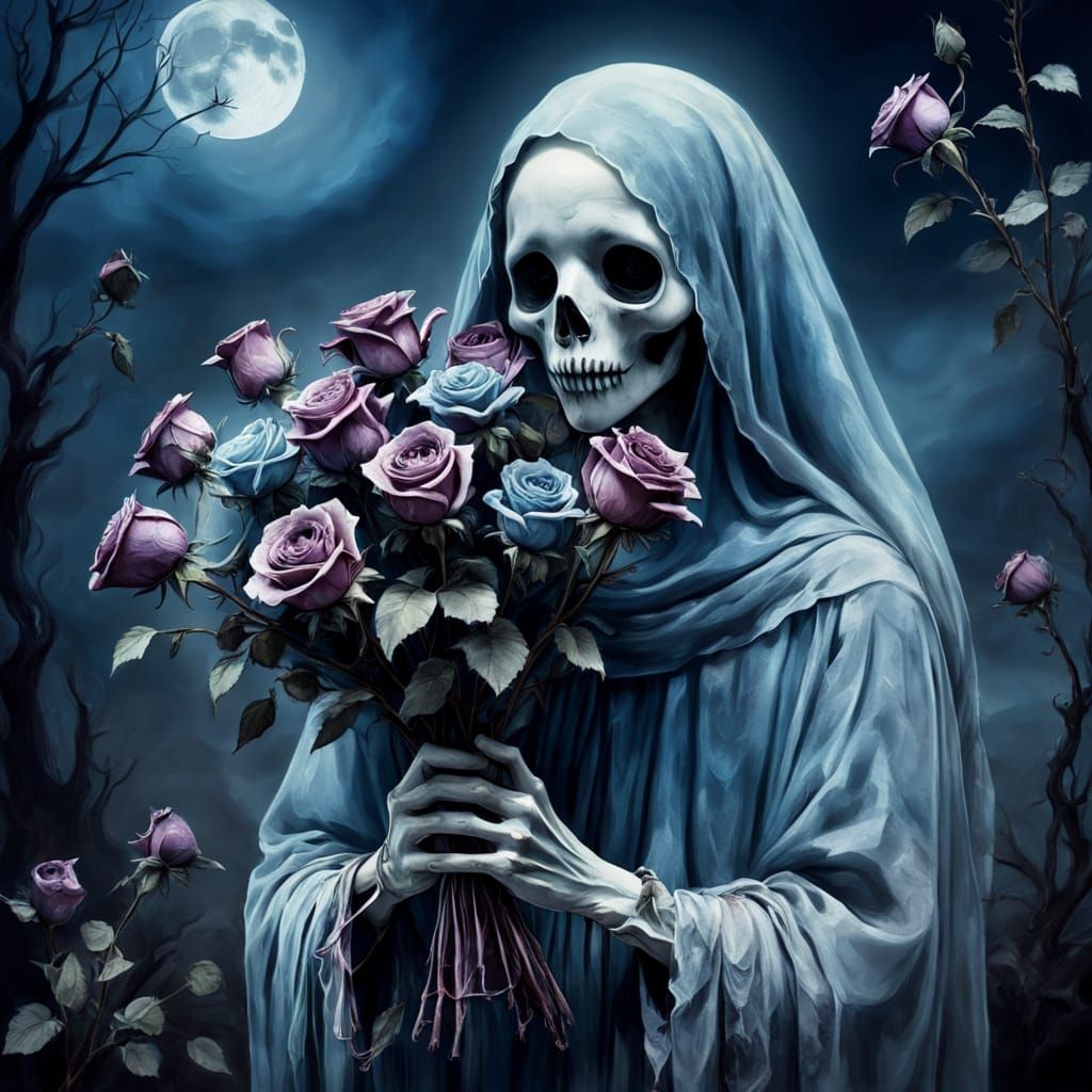 Ghostly Figure Holding Dead Roses in Ethereal Style