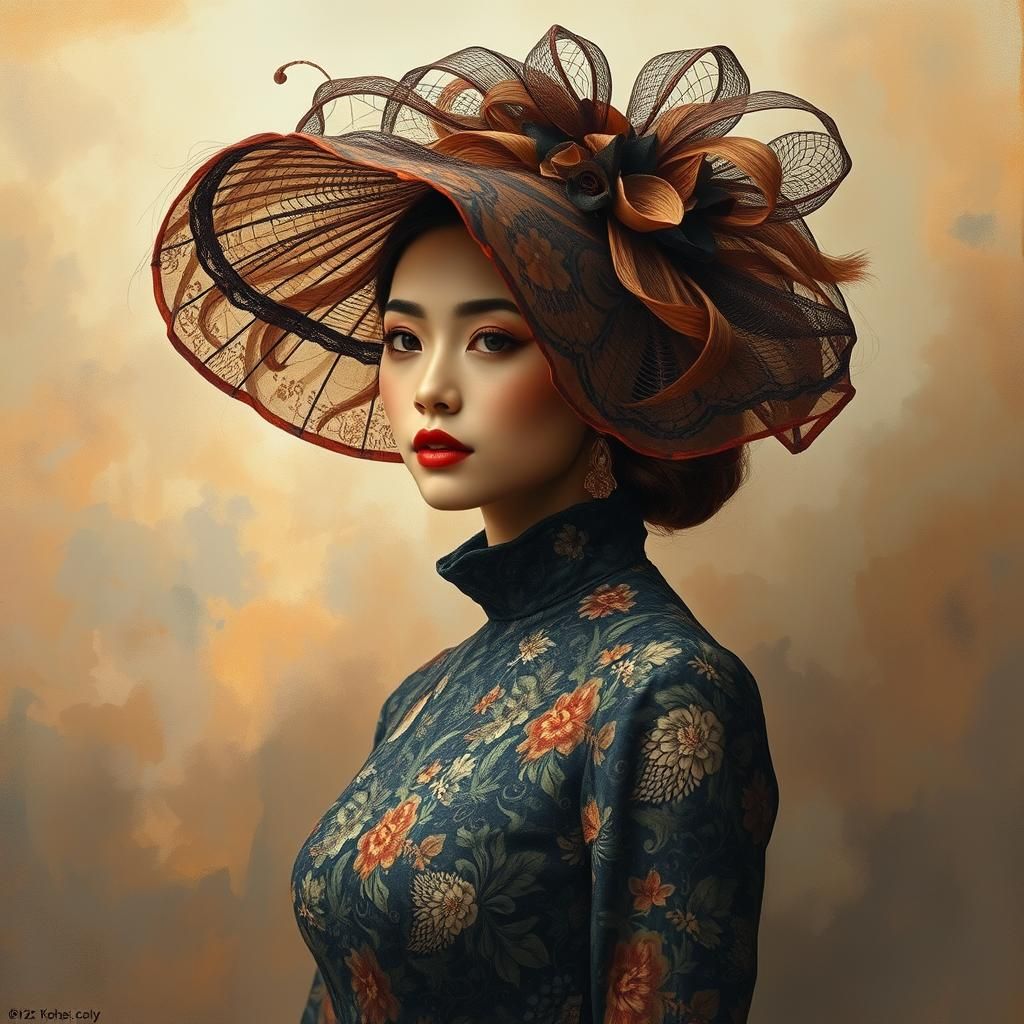 Woman in Haute Couture Hat, Impasto Painting