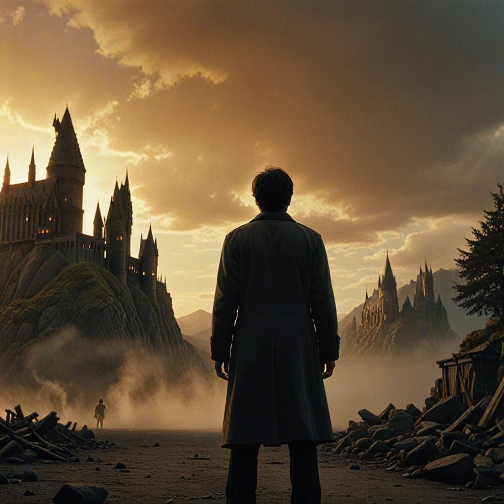 Heroic Harry Potter Amidst Golden Mist at Hogwarts Castle