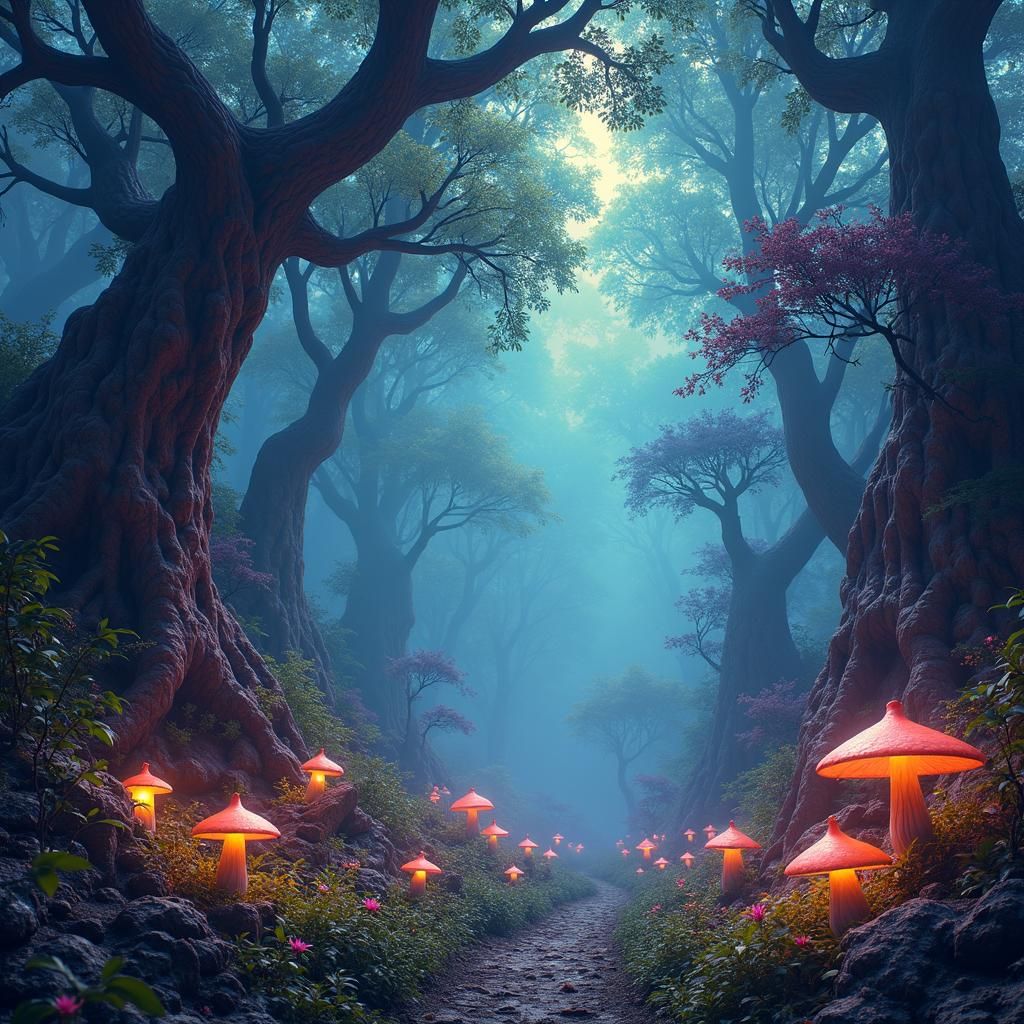 Mystical Realm: Lanterns Light Ancient Trees