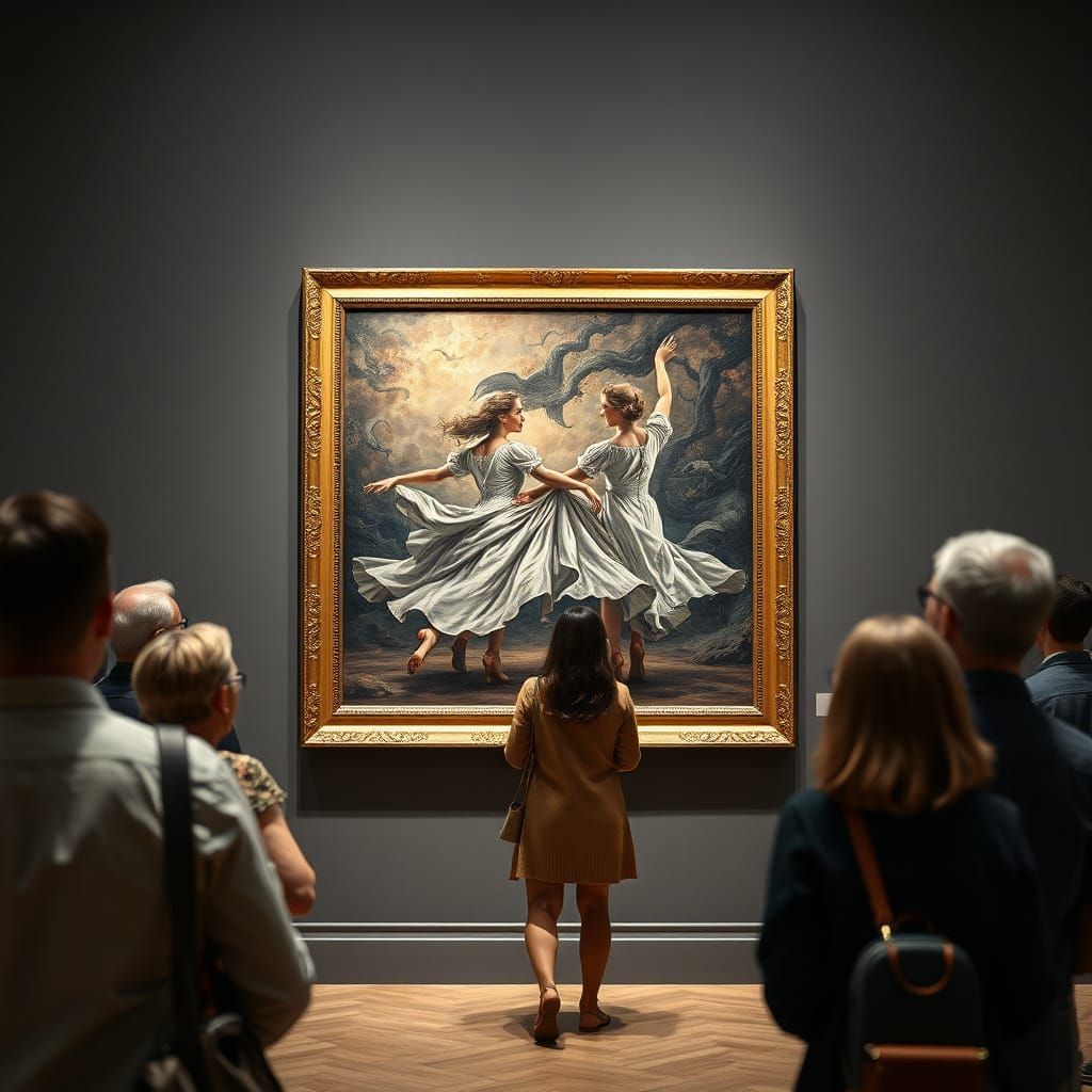 Museum Visitors Observe Dancing Figures in Painting