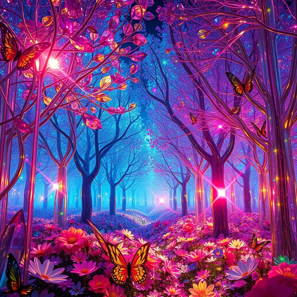 Glass Forest with Crystal Leaves and Rainbow Light