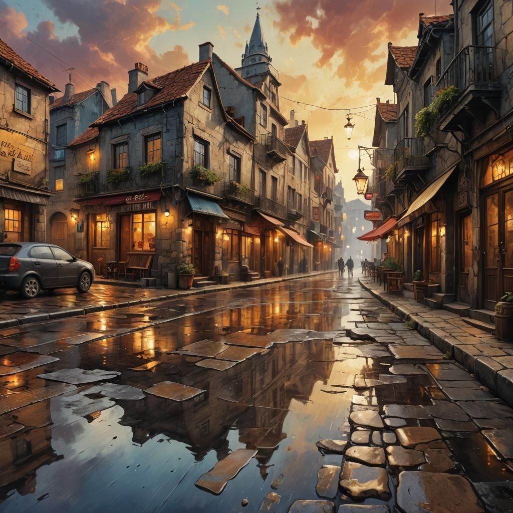 Ancient Seaside Town at Sunset in Ink Painting Style