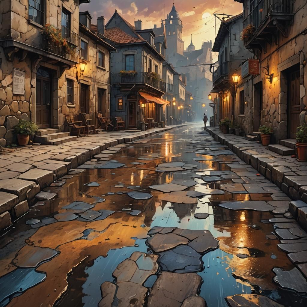 Sunset on Wet Stone Street: Vintage Ink Painting