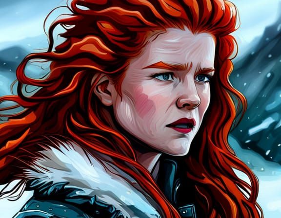 Hyperdetailed Portrait of Redhead Yelling on Snowy Path