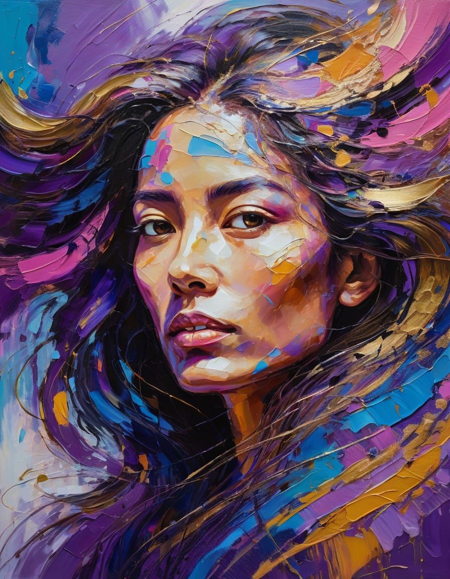Woman's Portrait in Vibrant Oil Painting with Swirling Color...