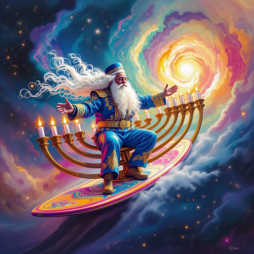 Rabbi Surfing the Cosmos in Surrealist Style