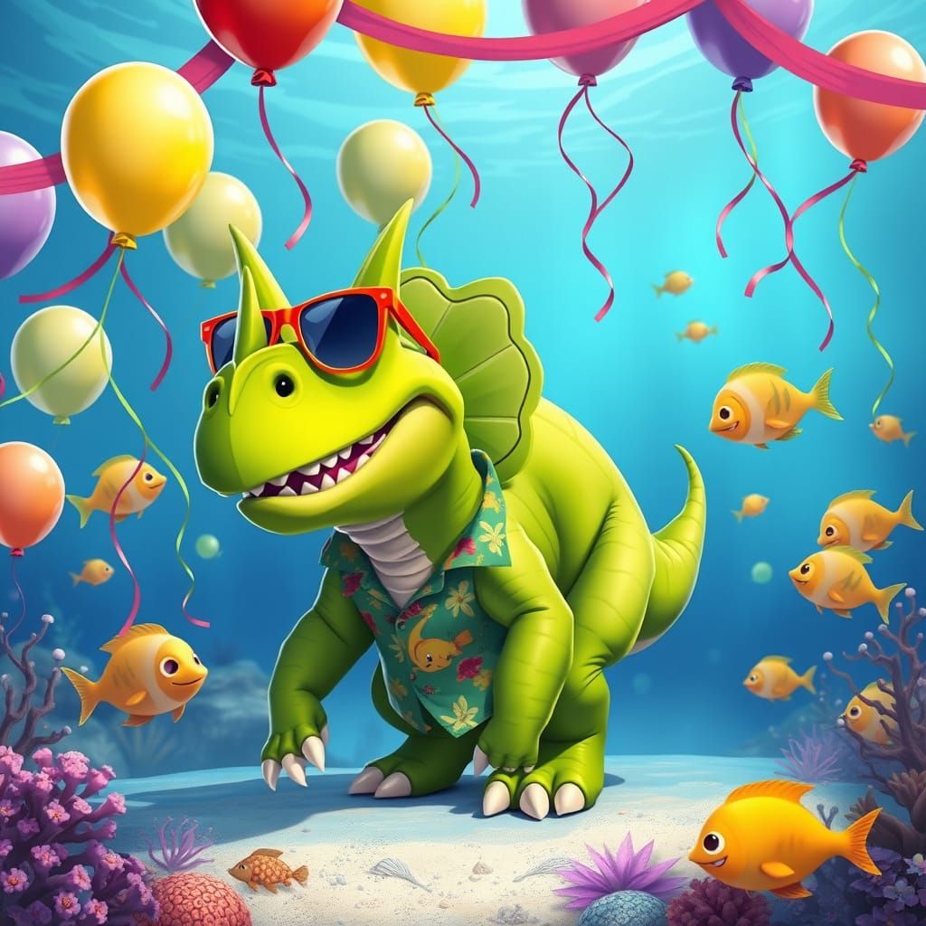 Underwater Party with Anthropomorphic Triceratops in Neon Su...