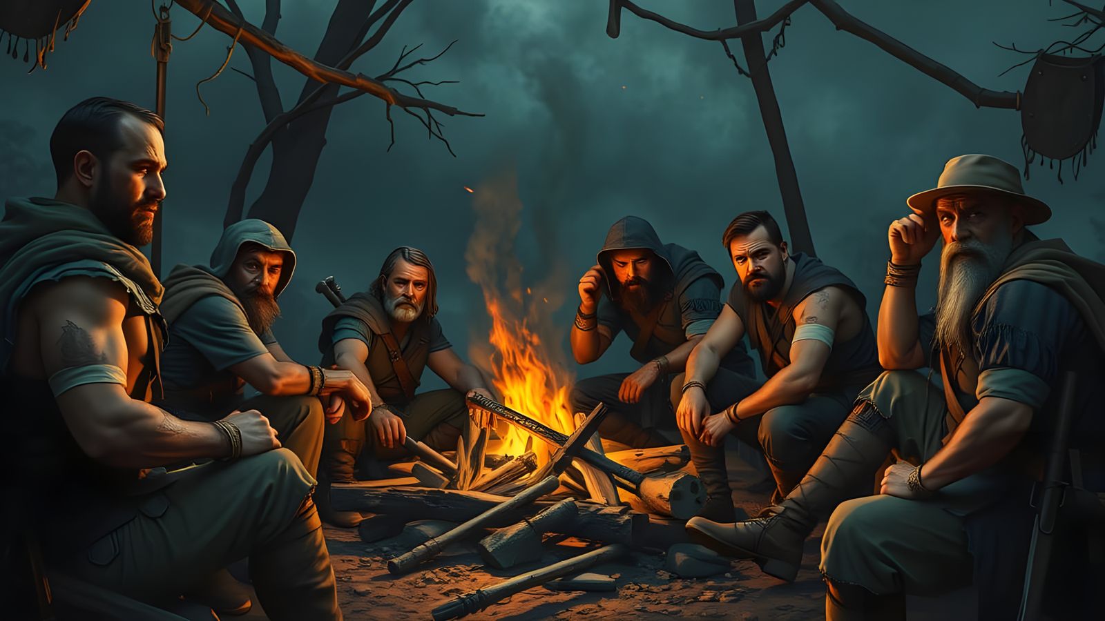 Tense Mercenary Campfire Scene in D&D Style