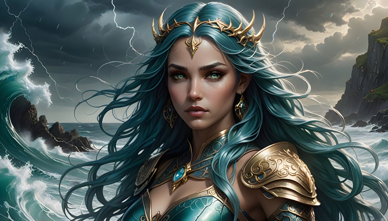 Sensual Fantasy Siren of Stormy Seas in Epic Cyberpunk Style