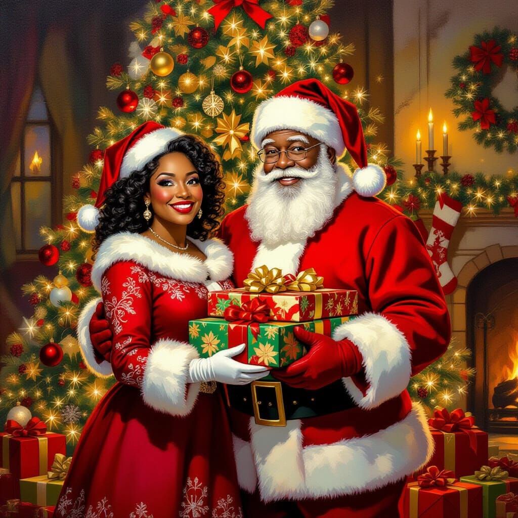 Black Mr. and Mrs. Claus by Decorated Christmas Tree