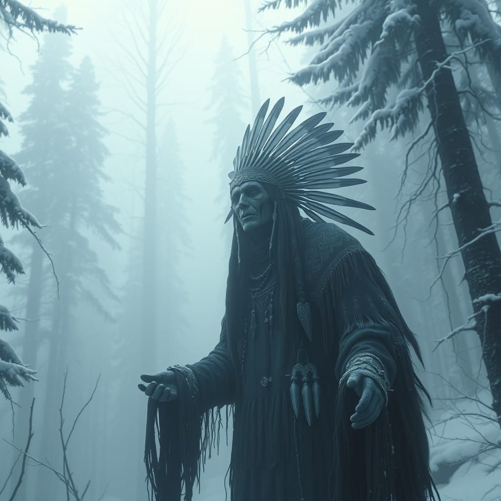 Ethereal Native American Spirit in Majestic Snowy Wilderness