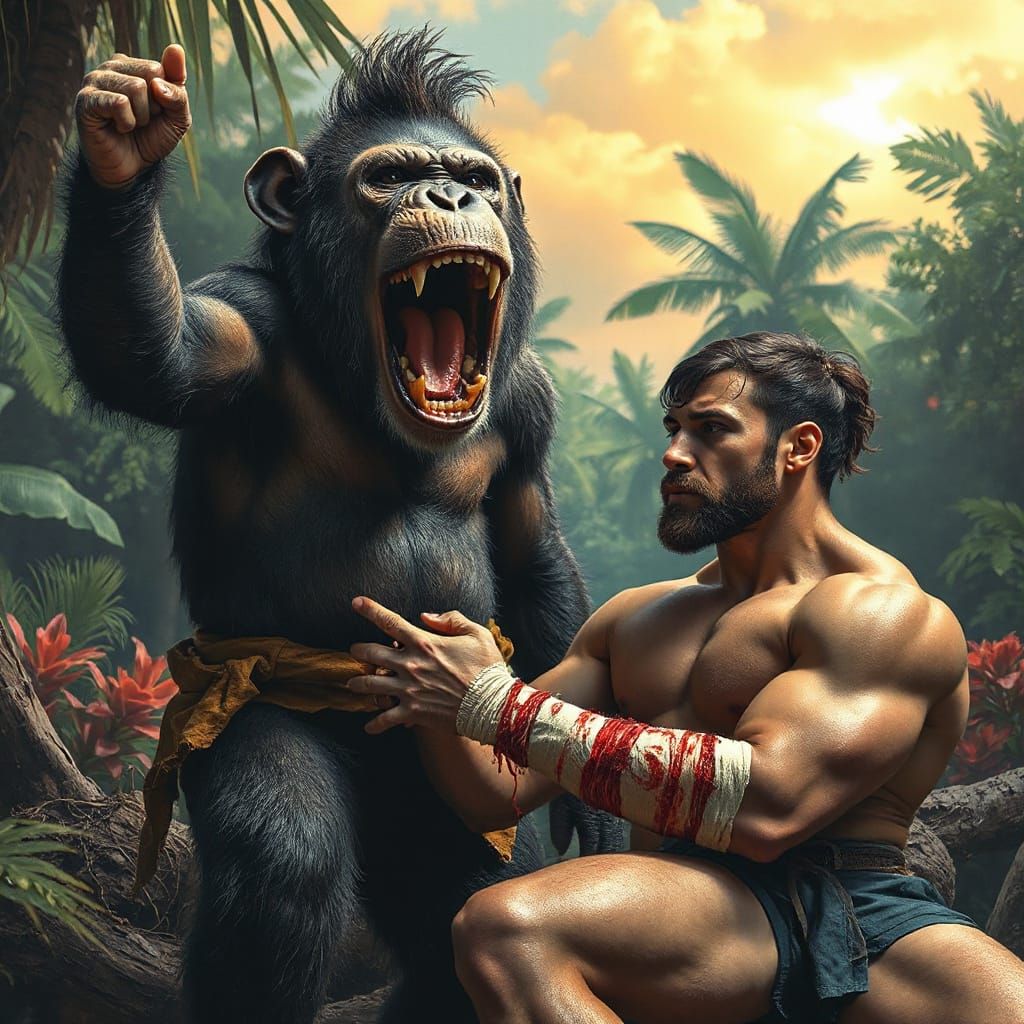 Chimp's Triumphant Roar: Hyperrealistic Victory Scene
