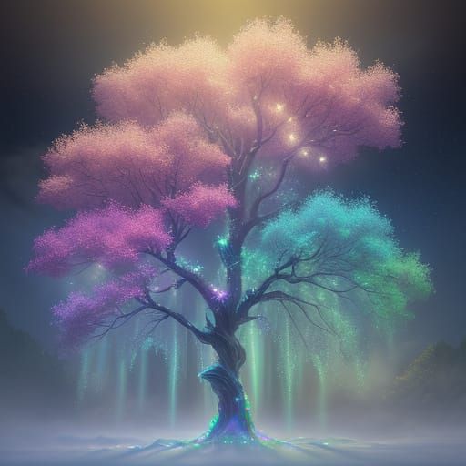 Ethereal Fantasy Tree Blooms Crystal Hearts in Soft Focus