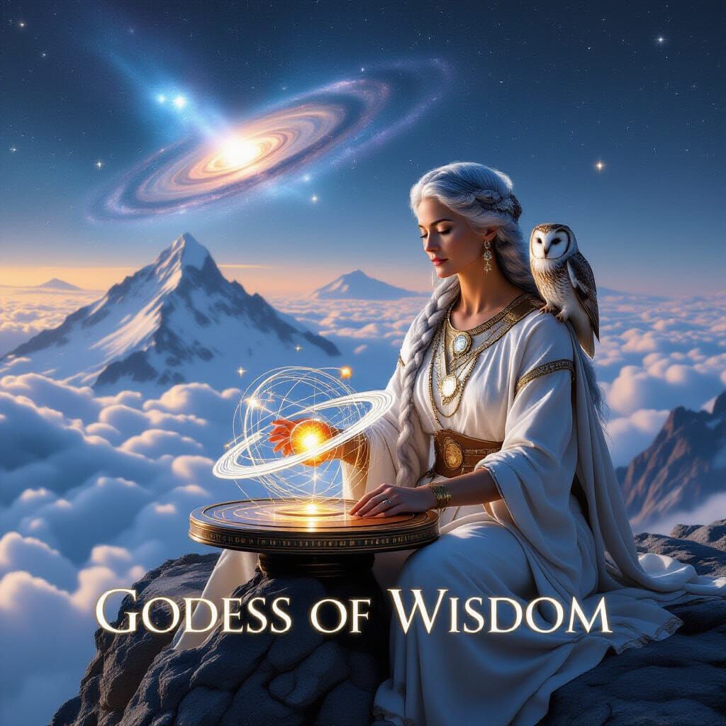 Goddess of Wisdom on Mountain Peak in Epic Starry Cosmos