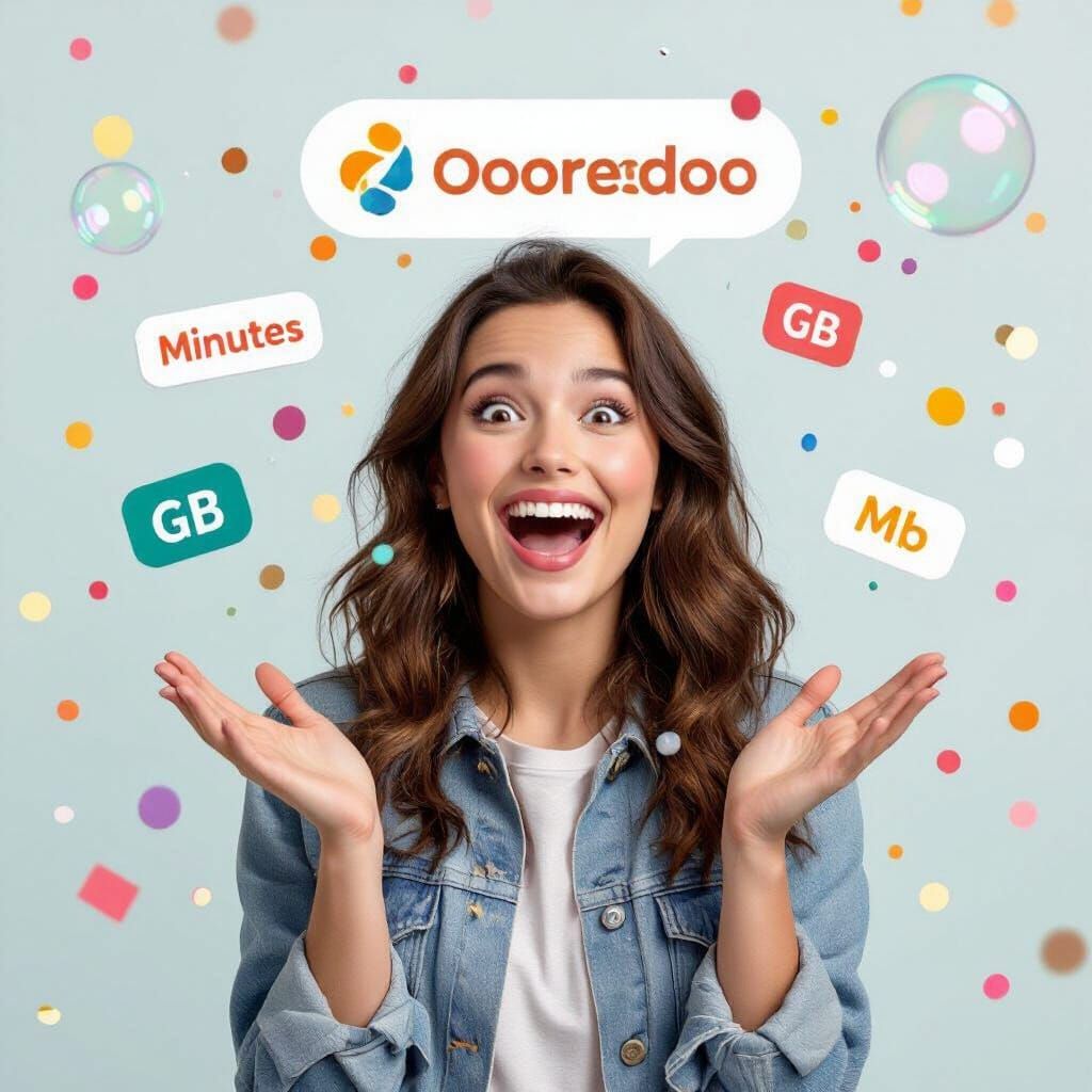 Delighted Woman with Floating Data & Confetti